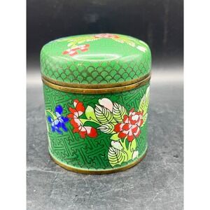 Antique Cloisonne Enamel Round Trinket Box Floral Green Brass Trim Lid 3.25"